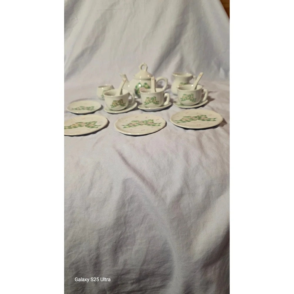 Miniature Porcelain Tea Set Green Gingham Bow Pink Rose Floral 17pc Collection